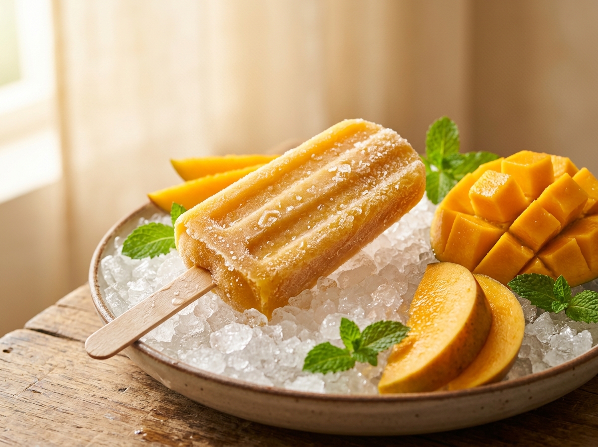 Luscious Alphonso Mango real fruit popsicle with sliced ripe mango and ice