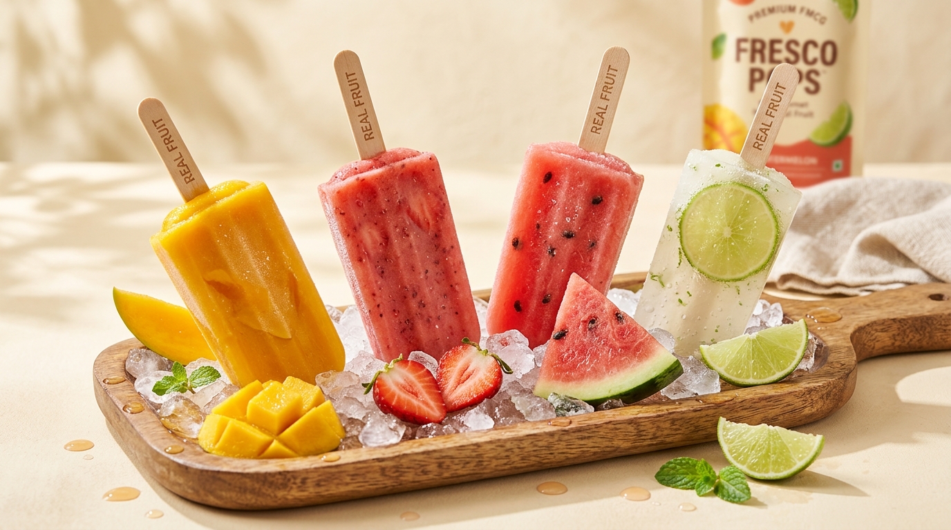 Vibrant real fruit popsicles on ice with fresh mango, strawberry, watermelon and lime