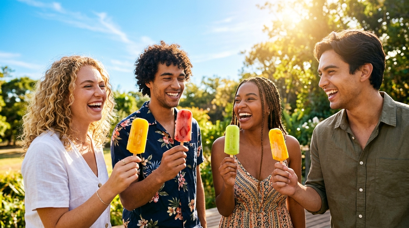 Friends enjoying refreshing fruit popsicles in the summer sun