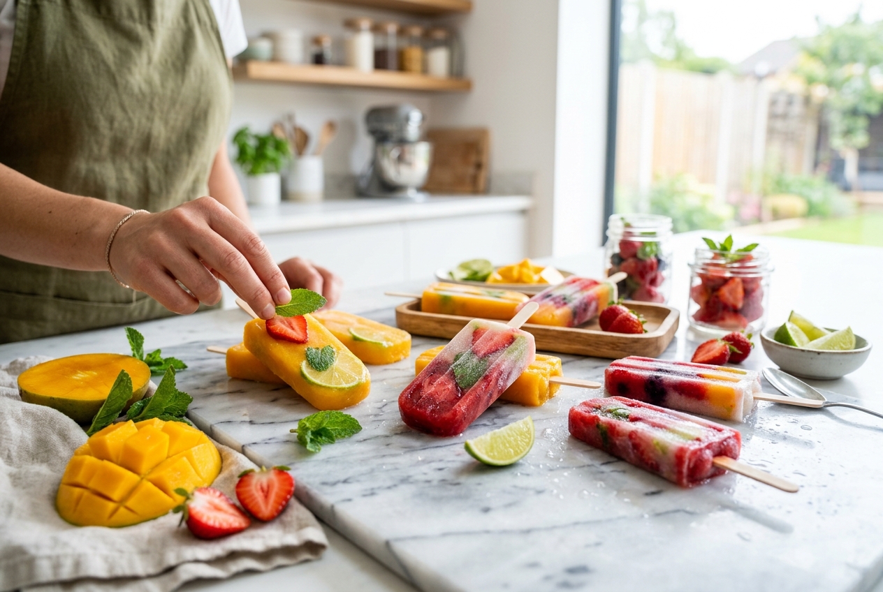 Modern real fruit popsicle crafting with fresh fruits